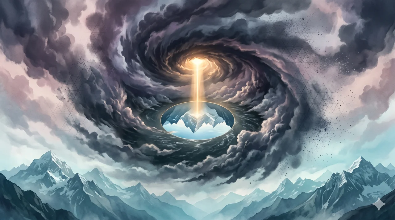 A vast circular hurricane of dark cloud rotating over a clear alpine lake; in the eye of the storm, a single pinhole of golden light pierces through to reveal mountain peaks below