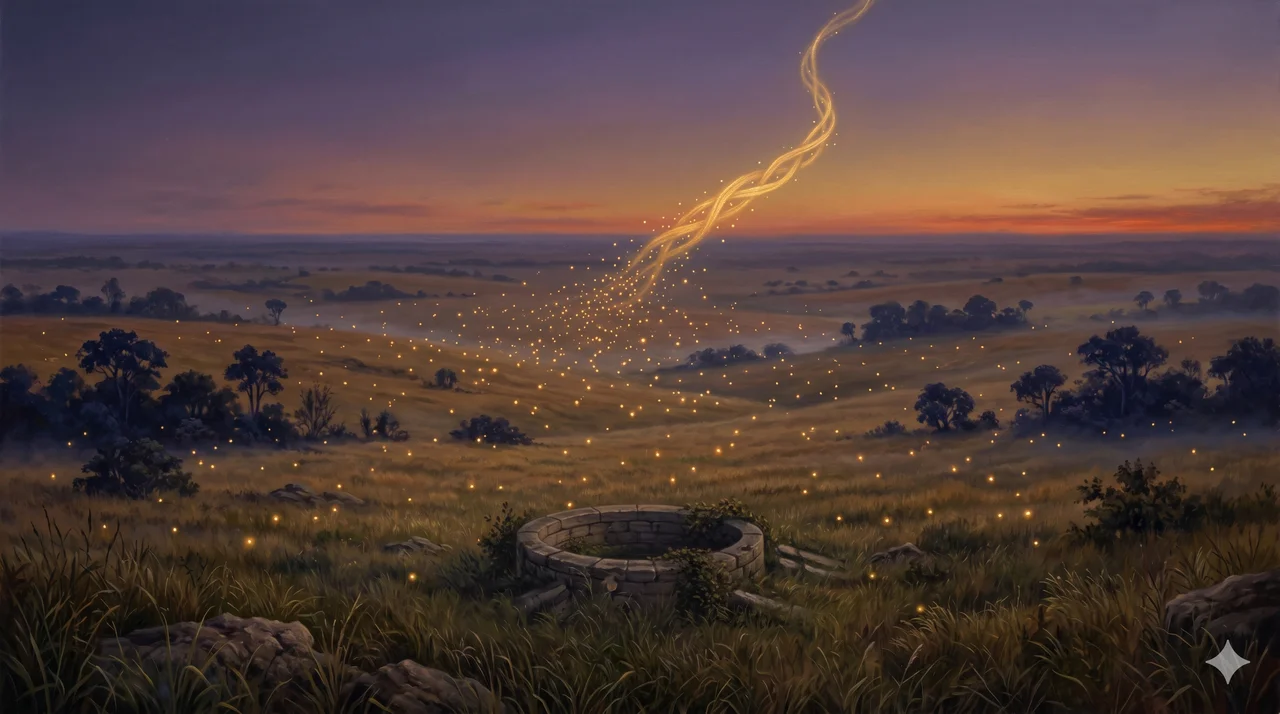 An aerial view of a vast Paraguayan ranch at dusk; thousands of small lights drift upward like fireflies from the land, gathered into a luminous beam of golden current ascending into the sky
