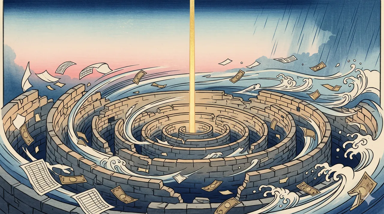 Concentric stone vaults dissolving into dust, with translucent ledger pages and currency notes scattering into a rising wind, while a single pillar of light remains standing at the center