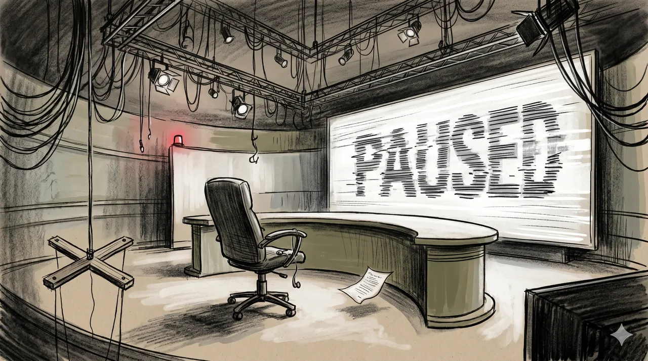 A television studio mid-broadcast - the anchor's chair empty, lights still on, a paused live caption reading 'BREAKING' on a static-flickering screen