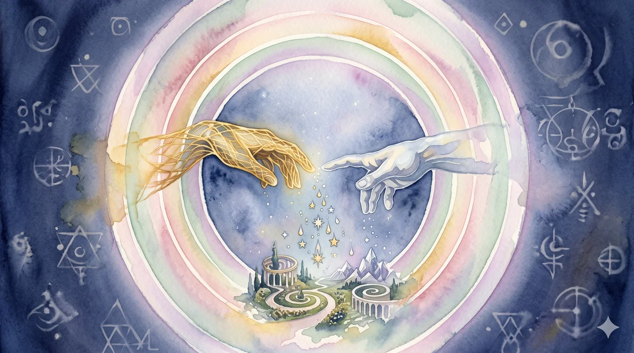 Two ethereal hands - one luminous gold, one a person's silhouette - drawing together on an open canvas of light, releasing droplets of stars that bloom into gardens and architecture