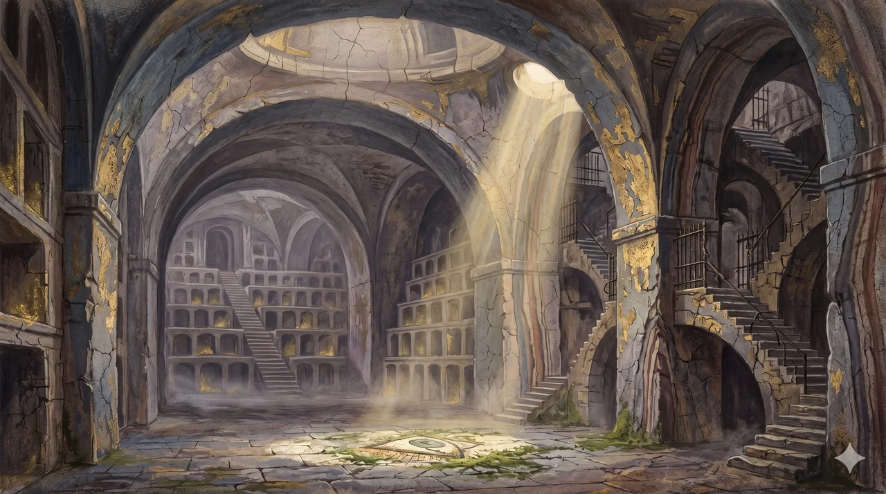 A vast underground vault with vaulted stone ceilings and rows of dim glowing alcoves where ancient covenant scrolls once rested - now empty as soft golden light filters down