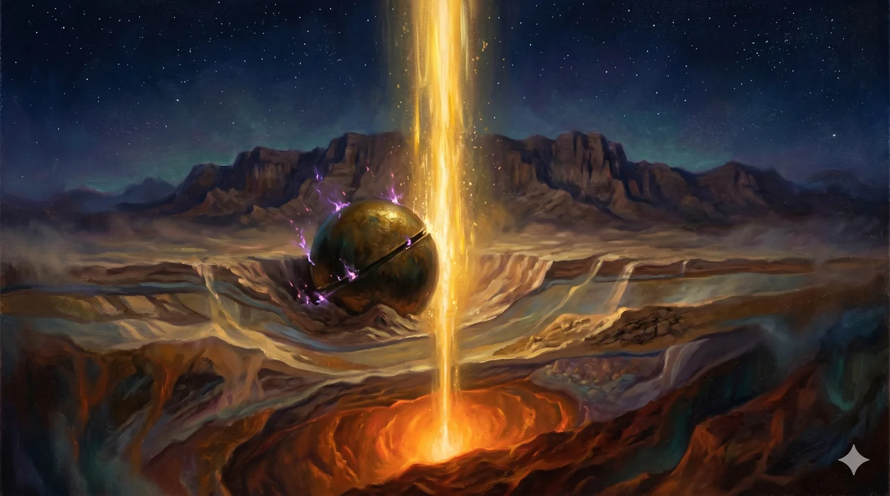 A beam of golden light descending directly through Earth's crust, routing around a dim artificial sphere buried beneath western mountains
