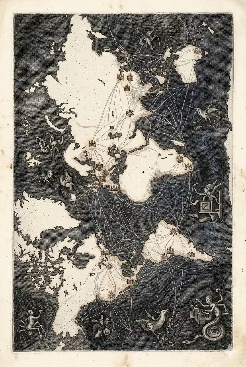 A silhouetted world map threaded with near-invisible insect-like filaments connecting universities, capitals, and research centers