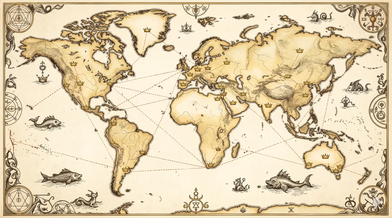 A stylized map with tiny scattered dots marked across a continent, each labeled 'kingdom', connected by dashed lines showing a non-contiguous territorial claim