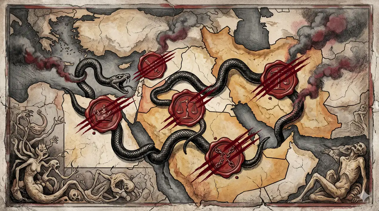 Stylized Middle East map with oil pipeline routes drawn from Saudi Arabia and Iran through Jordan into Israel, overlaid with crossed-out contract seals