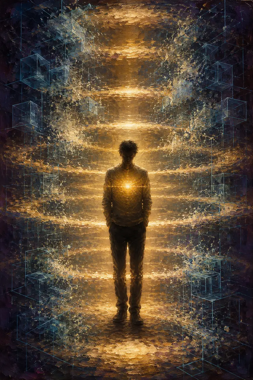 A tall standing figure with light spreading outward from the chest in horizontal bands, the bands passing through and dissolving a translucent geometric scaffold of cubes and grid lines into faint dust at the edges