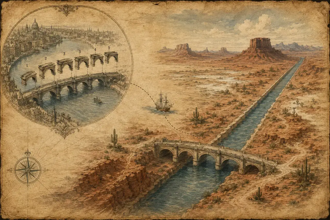 Stylized map showing a stone bridge being lifted in segments from the river Thames in London and reassembled across an artificial blue channel in the Arizona desert, with thin compass lines connecting the two points