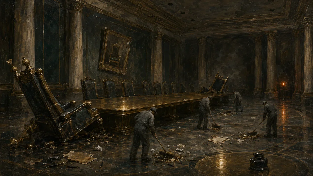 Empty boardroom with thrones overturned and unlit while small janitor figures in the foreground sweep around scattered files, suggesting low-rank operatives surrounded by an abandoned hierarchy
