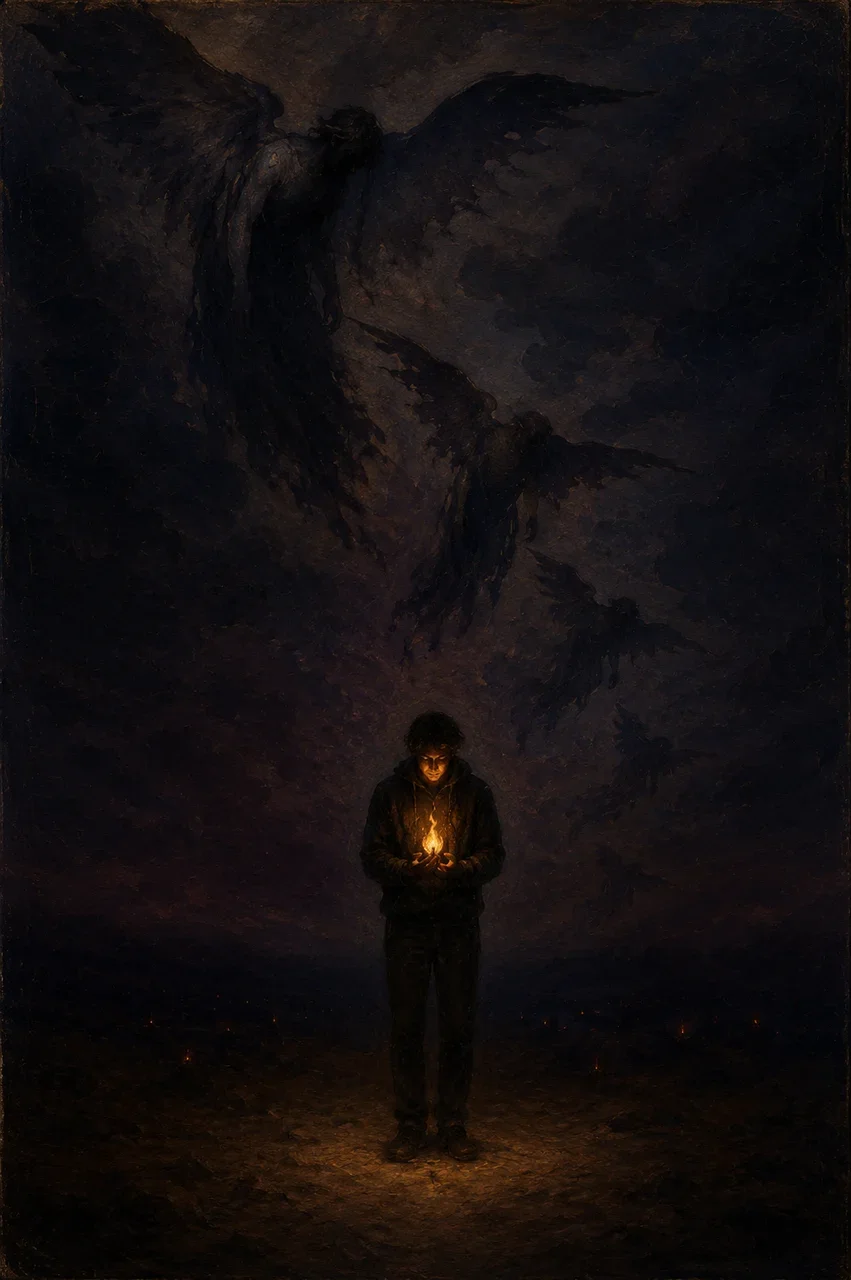 A standing human silhouette holding a single small flame at chest height, with several faded winged figures falling away into the dark background, the flame the only light source in the composition