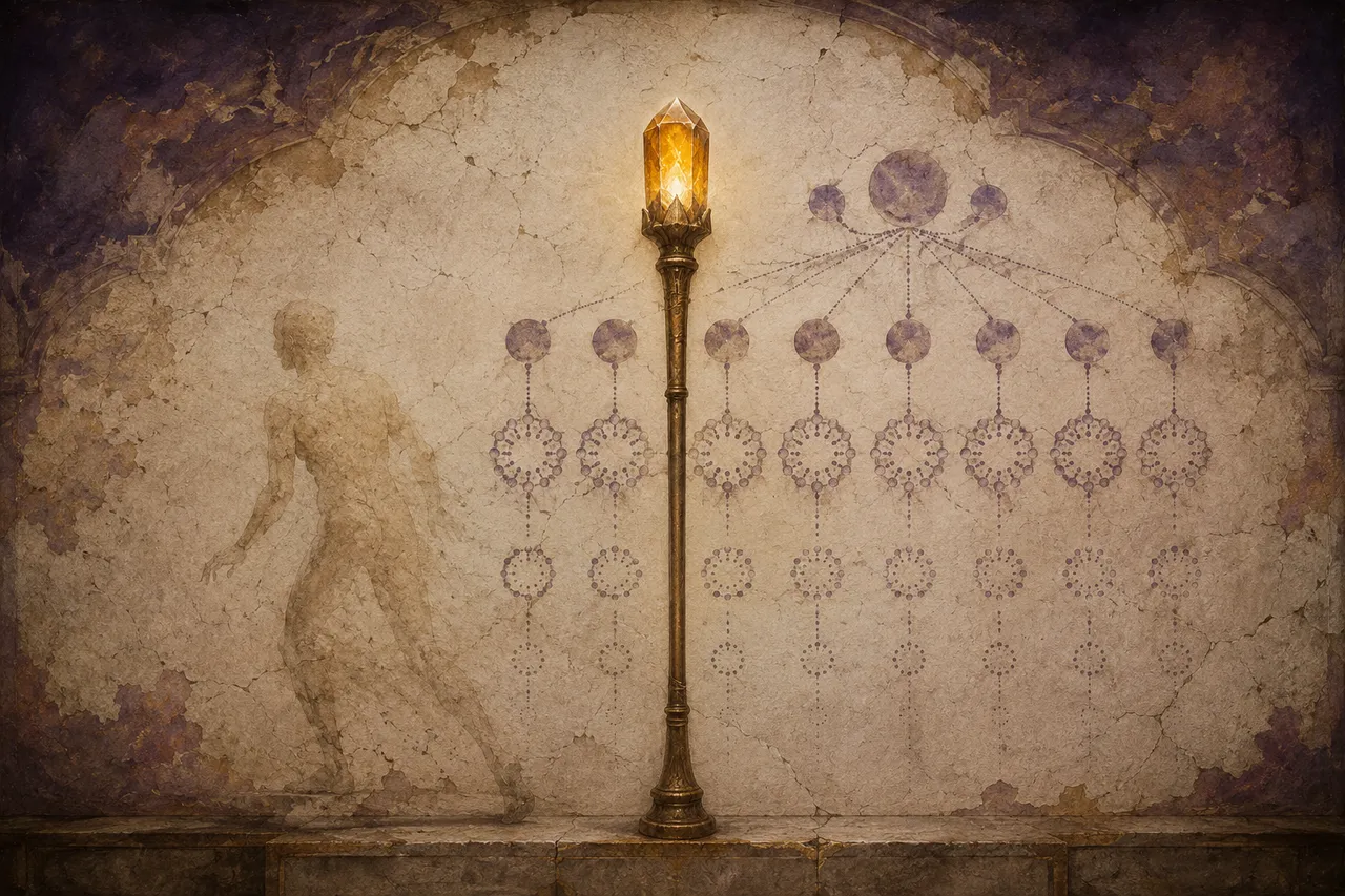 A central torch with a small bright tip stands tall, with one figure shown stepping back from it, and behind that figure a fading hierarchical diagram of three, then nine, then radiating groups of twelve, the tip of the torch slightly incomplete