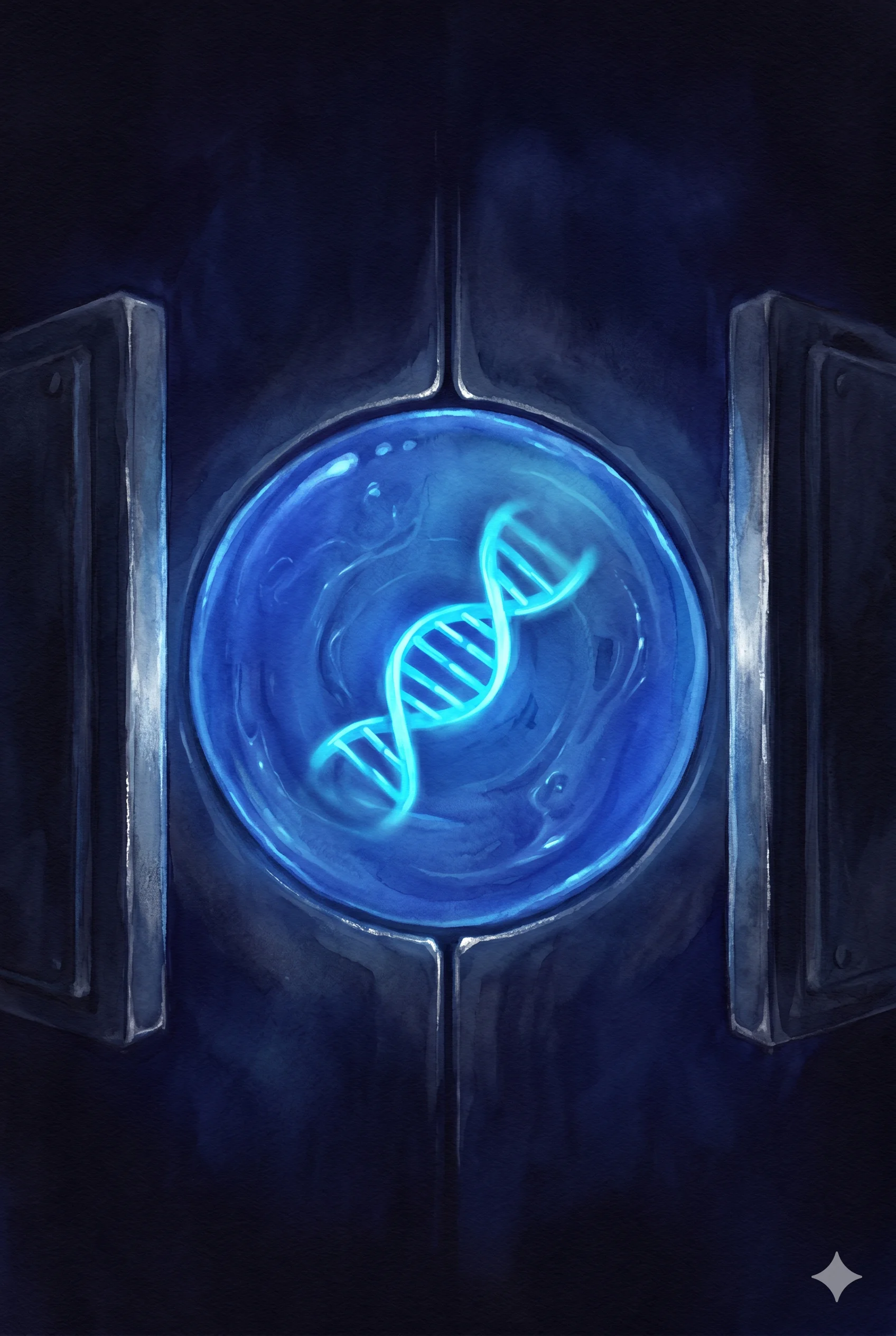A pool of softly glowing blue gel containing a luminous DNA helix, framed on either side by faint metallic door outlines, midnight indigo background, no figures or text