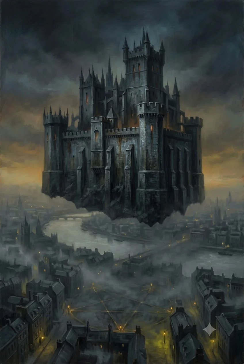 Vertical atmospheric image of a castle-like industrial city over London with a faint pentagram geometry in the streets below, no people, no text
