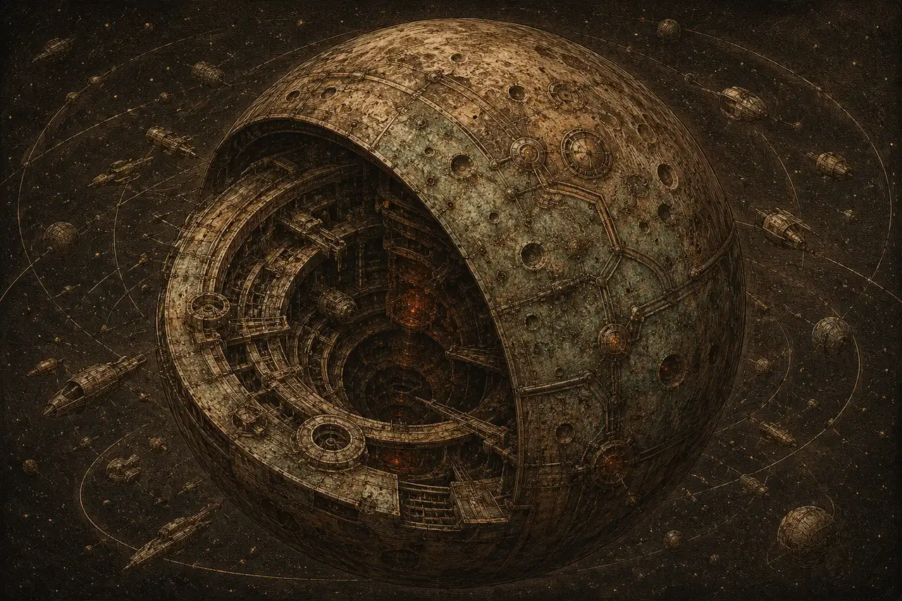 Conceptual image of the planet Mercury rebuilt as an artificial megastructure and trading post, mechanical and hollow, no people, no text