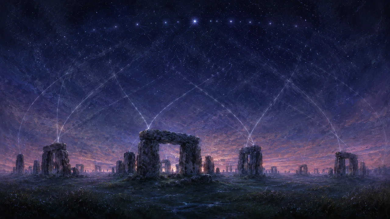 Conceptual night scene of scattered ancient megalithic stone circles around the world linked by faint lines of light under a solstice sky, no people
