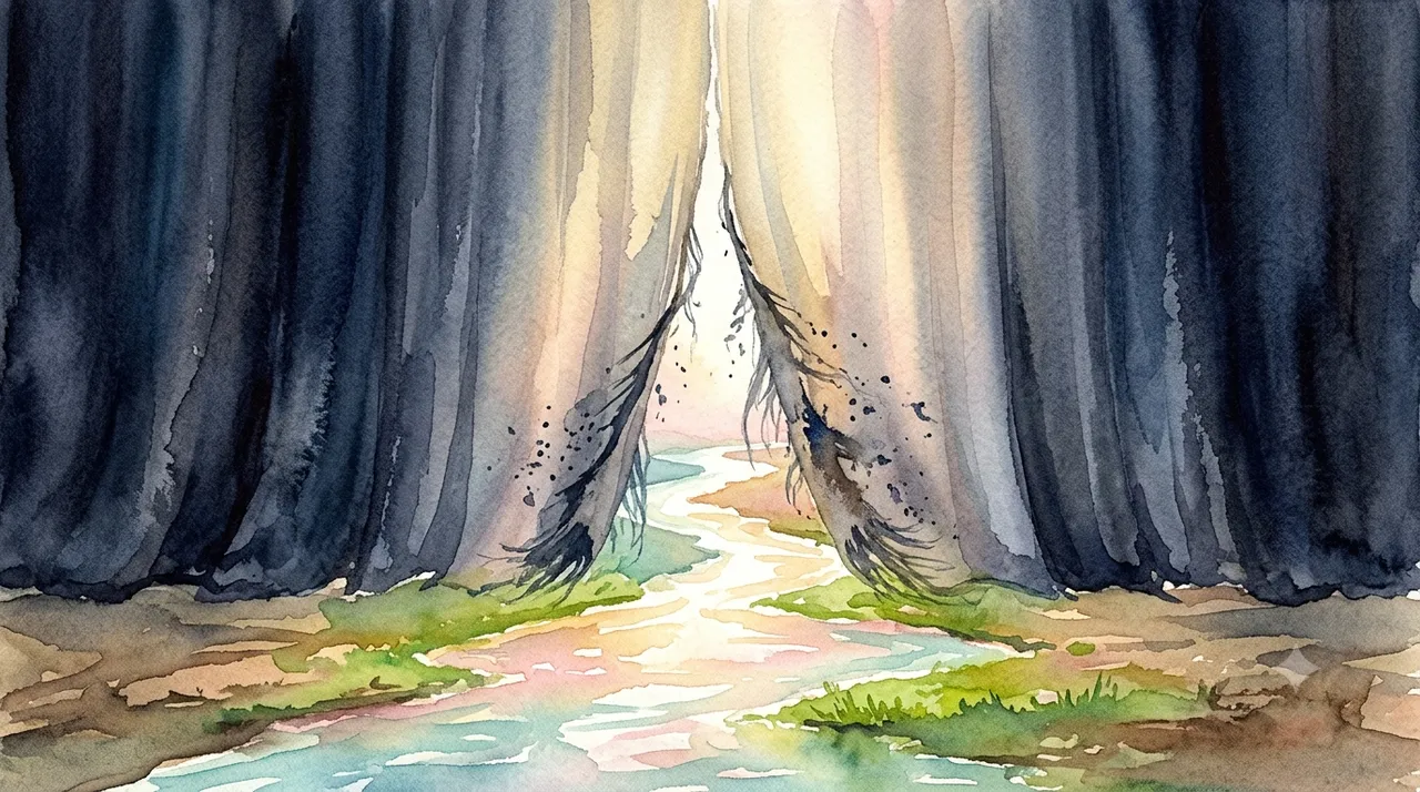 Hopeful conceptual image of a dark veil tearing open as living waters of light begin to flow through and spread, restoration, no people, no text