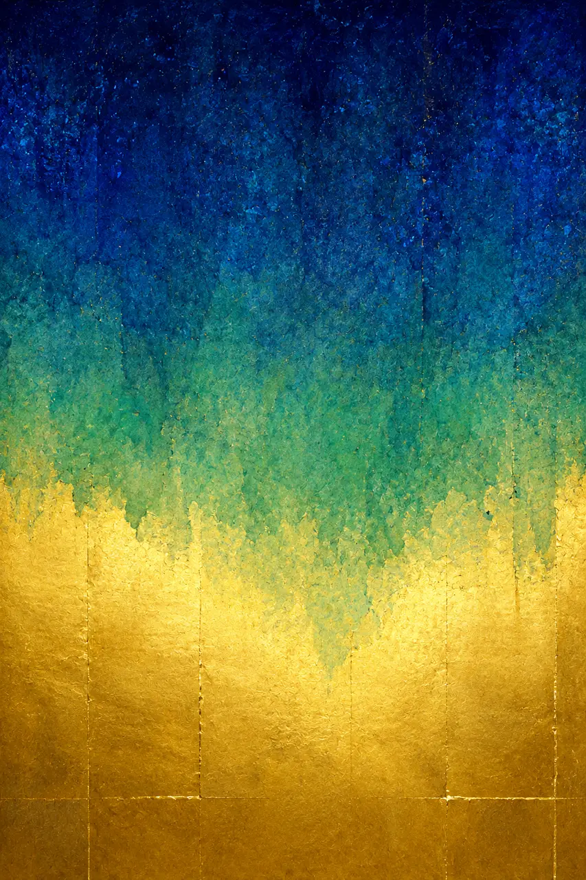 A tall field of gold light with a blue wash descending across it, the band where the two colors overlap turning green