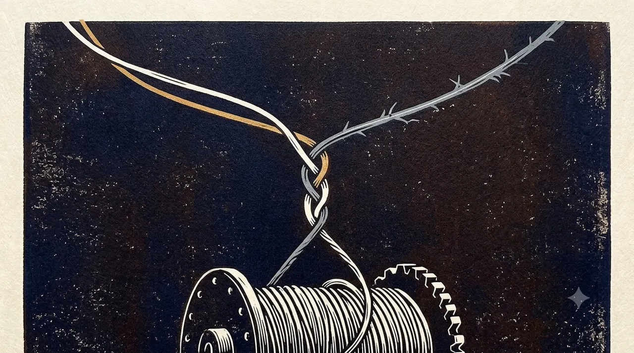 Two unlike threads, one of warm light and one of grey wire, braided into a single cord that winds onto a machine's spindle