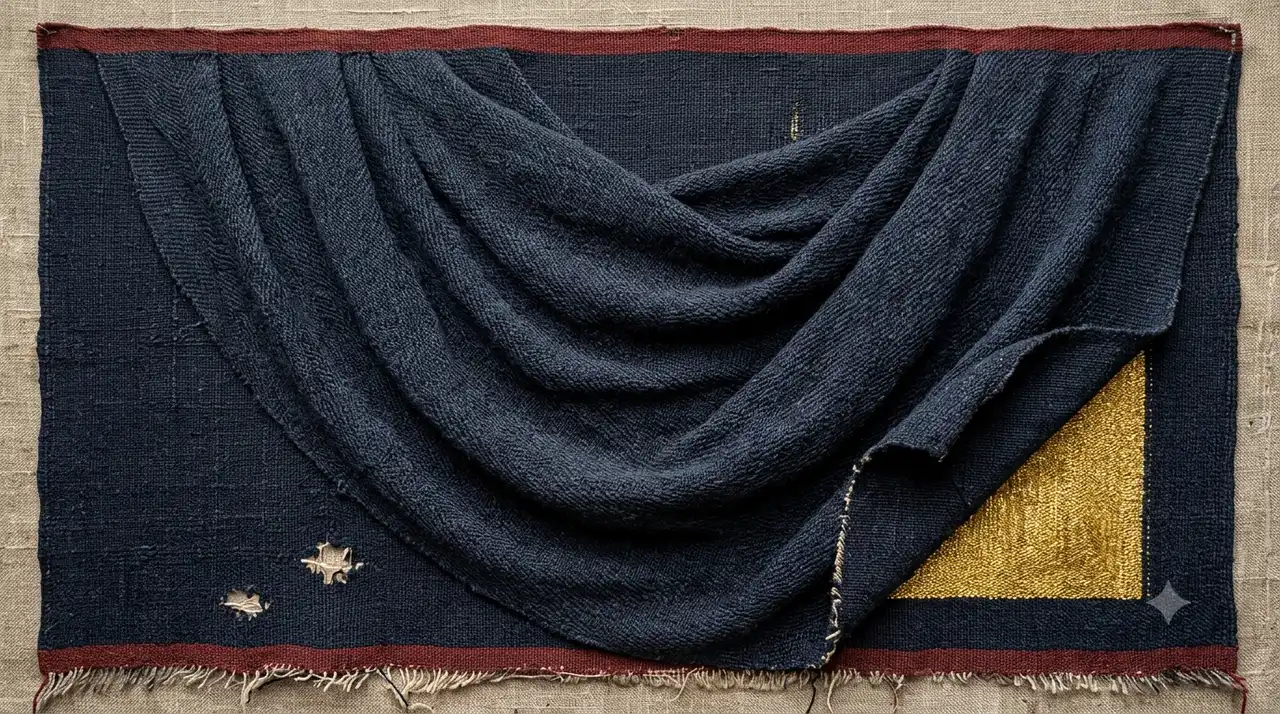 A heavy woven cloth covering nearly all of a bright golden canvas, one corner lifted just enough to show the surface underneath