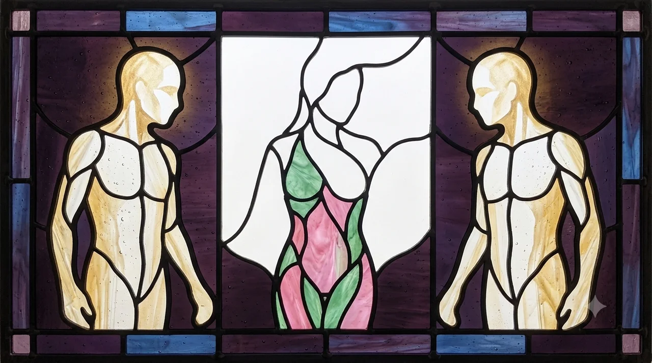 Two figures of light facing each other across a single form taking shape between them, each one watching what the other brings into being
