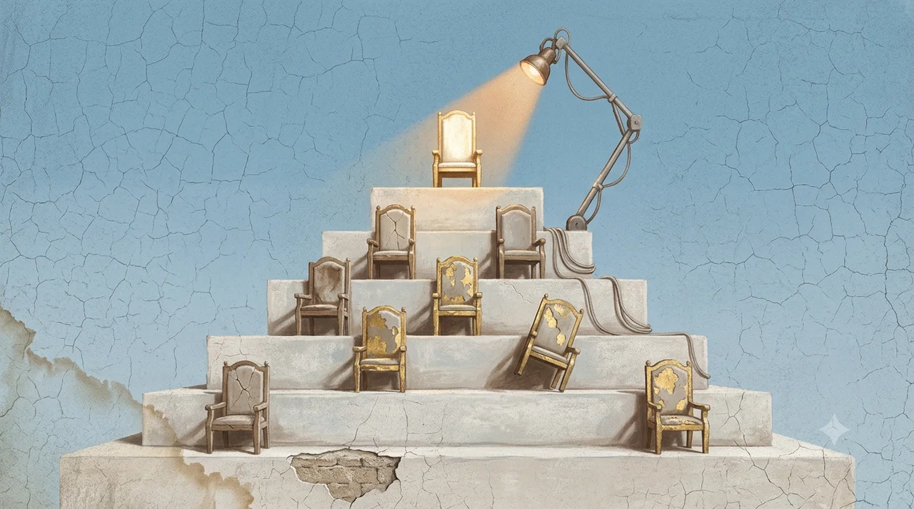 A stepped pyramid of empty ceremonial seats, the topmost seat lit brightly by a mechanical arm reaching in from behind rather than by the sky above it