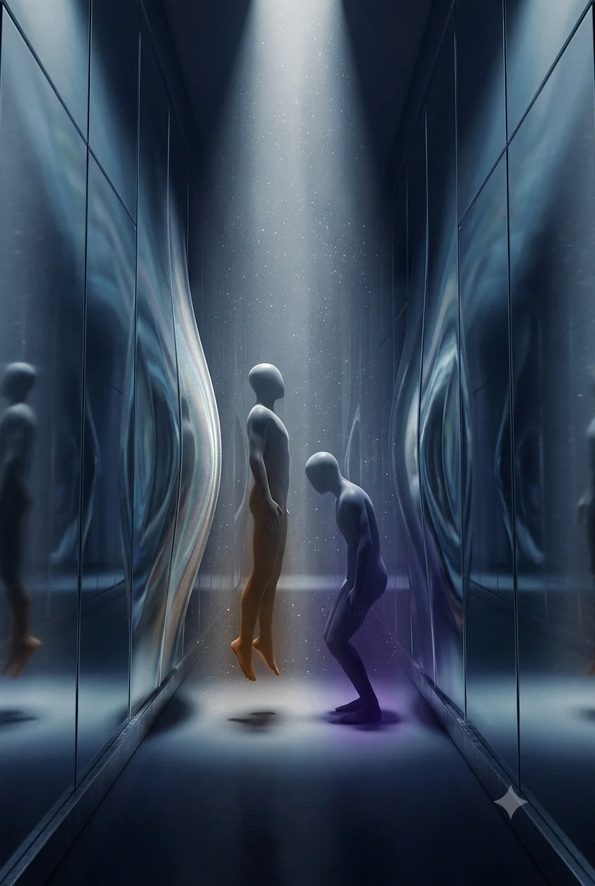 A tall mirrored corridor in which the same pressure presses inward from both sides, lifting one figure upward while pressing another downward