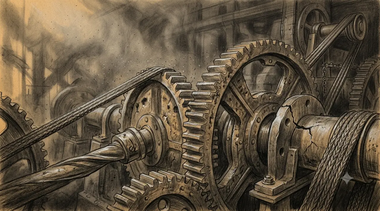 A vast industrial mechanism seized mid-motion, its gears and shafts locked in place while dust hangs unmoving in the air around them