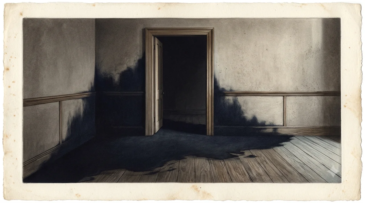 An open doorway into a bare room, with darkness spreading outward from the threshold and across everything beyond it