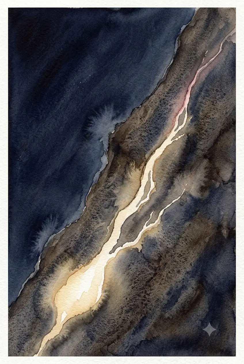 A dark coastline seen from above at night, with a deep pale seam of gas mapped in the rock running beneath the shore