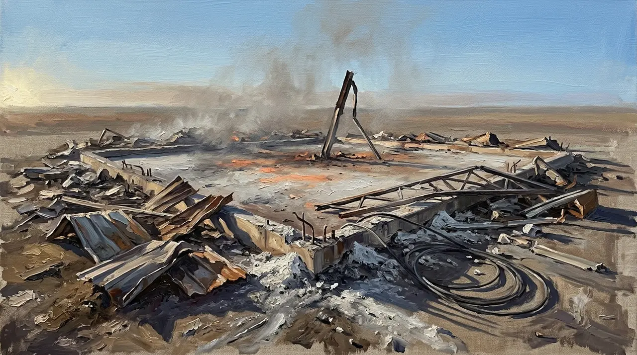 The flattened footprint of a bombed factory, rubble spread across the ground while the last of the smoke thins into an empty sky