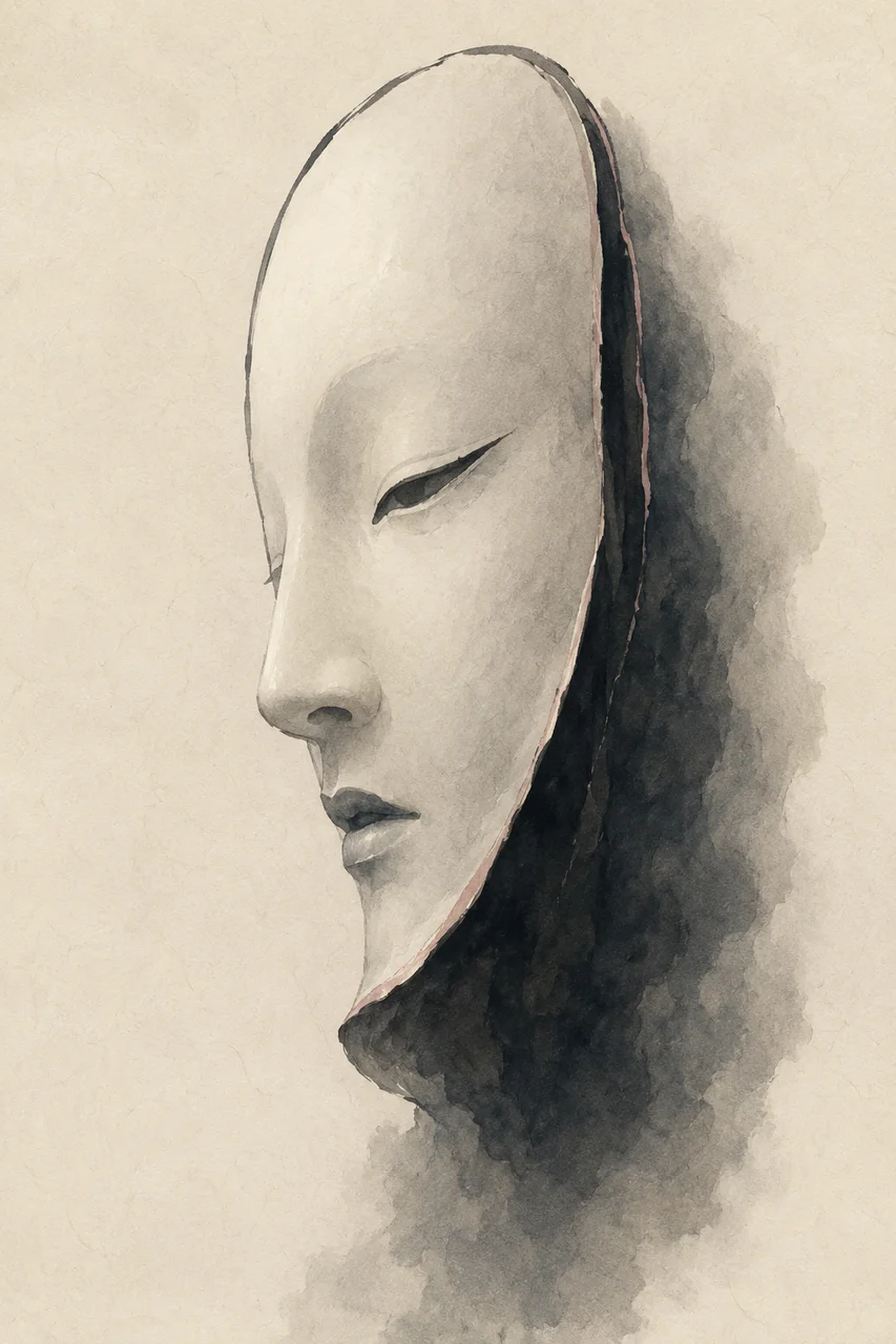 A pale mask lifting away from the face beneath it, the seam between the two just beginning to open