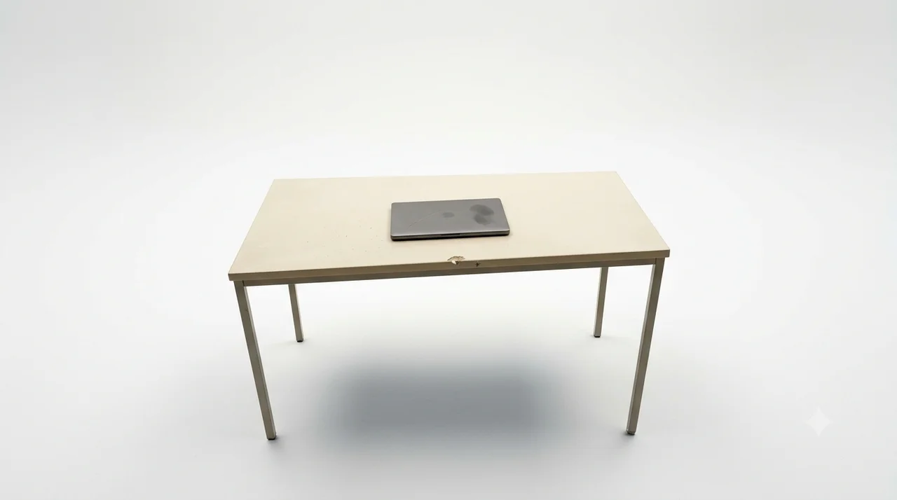 A featureless white room without walls or corners, containing a single desk and one thin device on top of it