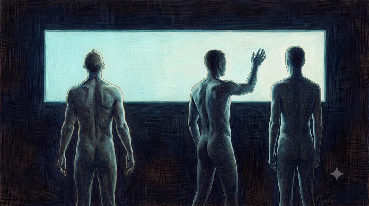 Three human figures standing in different postures before one wide illuminated screen, each lit only by what the screen shows them