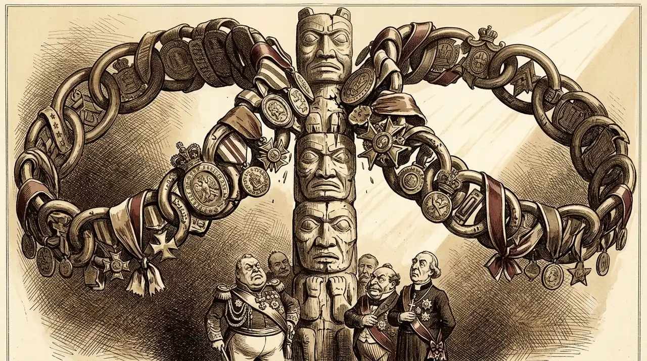 Two vast overlapping rings of insignia converging on a single carved totem pole, with the most decorated ranks standing near its base