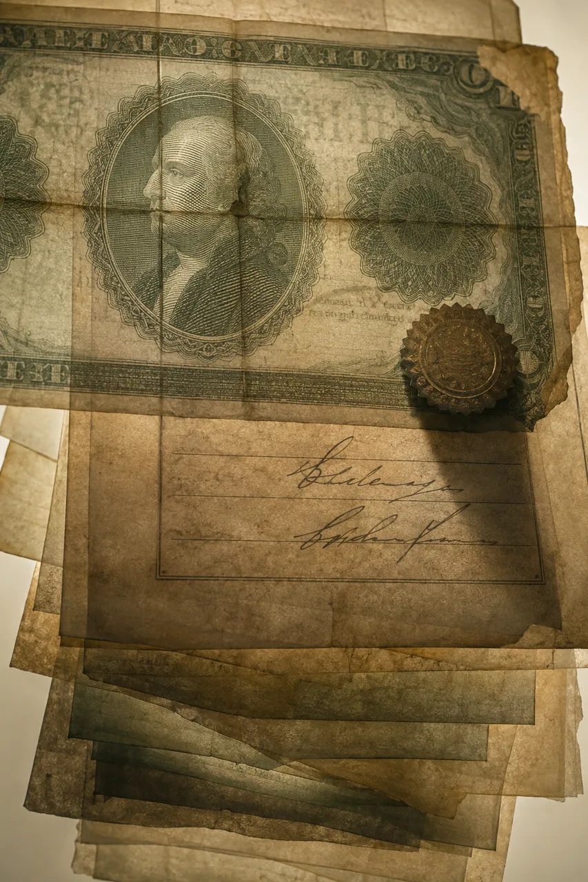 A high-denomination banknote portrait with a signed contract showing through from behind