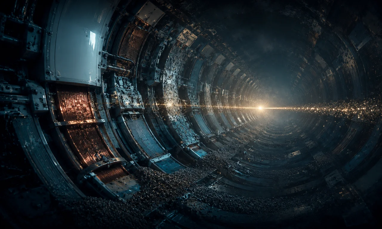 The ring of a particle collider with fine particles converging along its curve