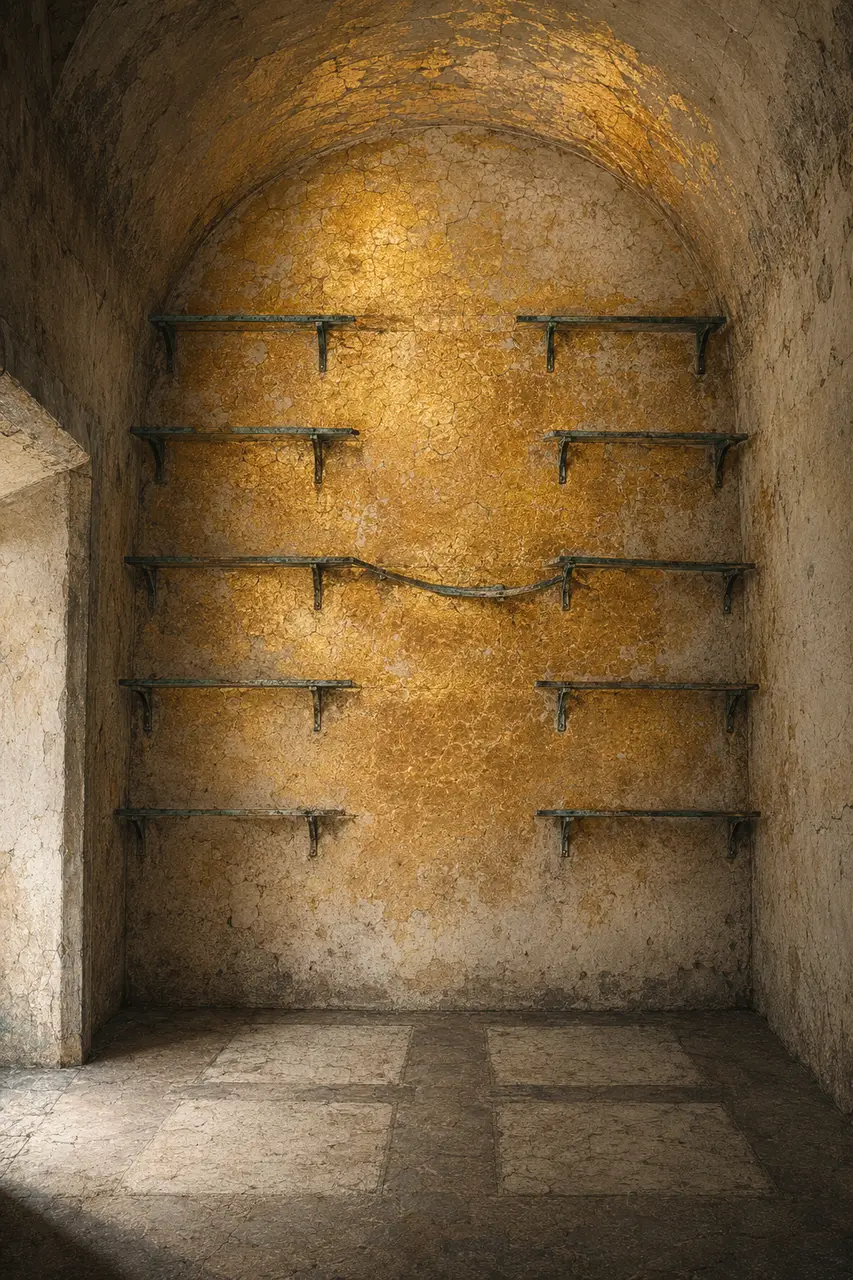 An empty vault interior where only the color of gold remains on the walls