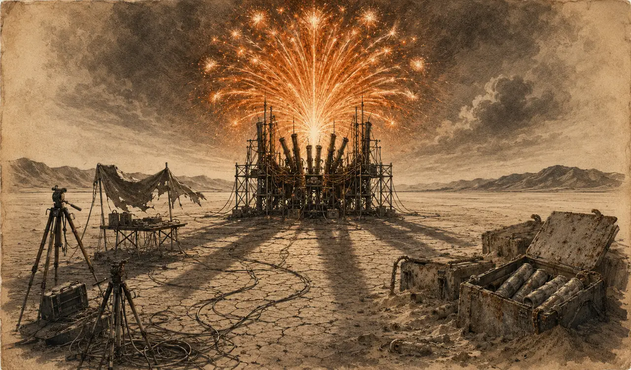 A pyrotechnic rig set up in open desert with camera tripods and cable runs standing at a distance