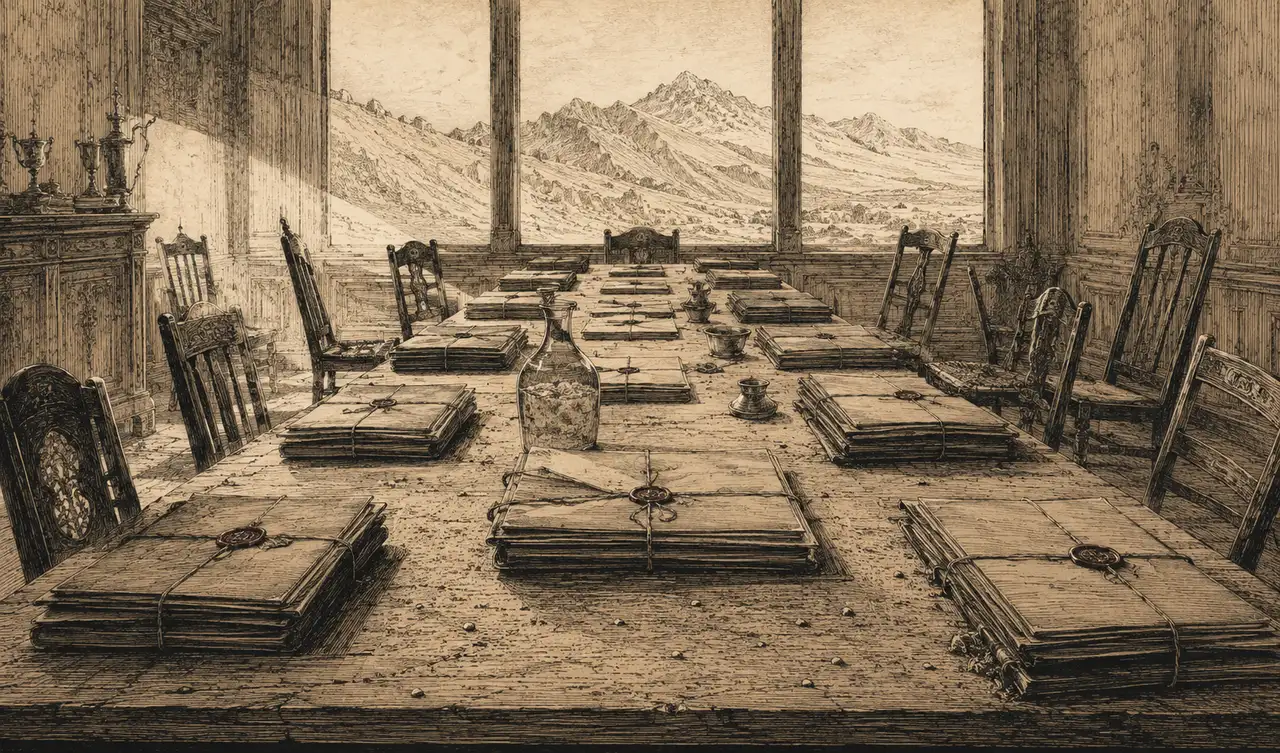 Long conference tables standing empty at a mountain resort, sealed document stacks untouched