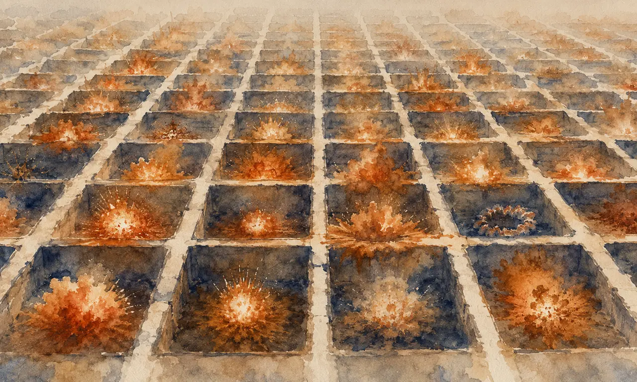 Rows of parallel simulators replaying the same explosion over and over