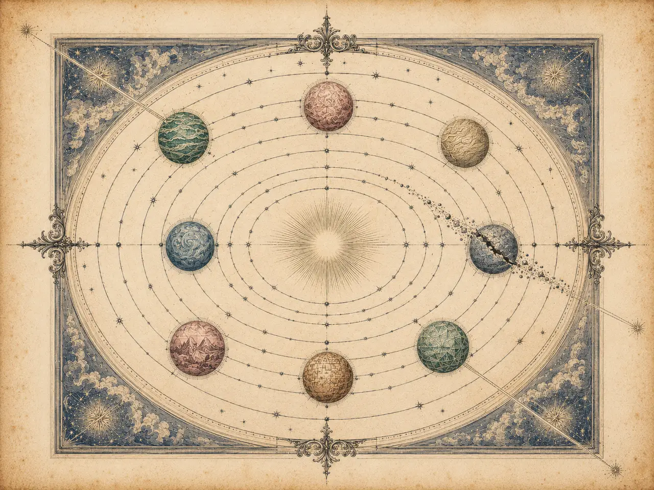 An antique star-chart rendering marking seven inhabited worlds of one solar system