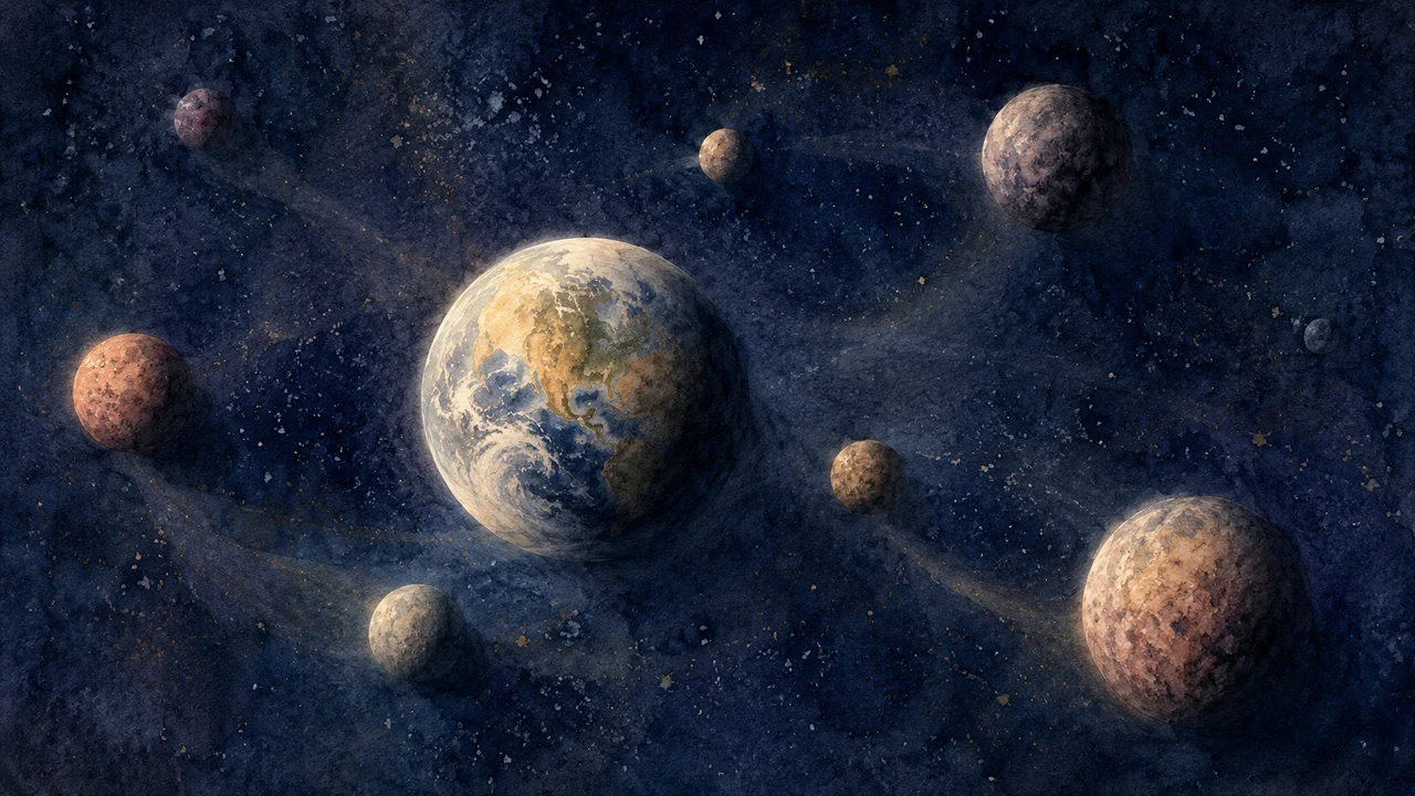 Earth at the center of a wide dark field, other worlds arranged around it repeating its light and its shadow