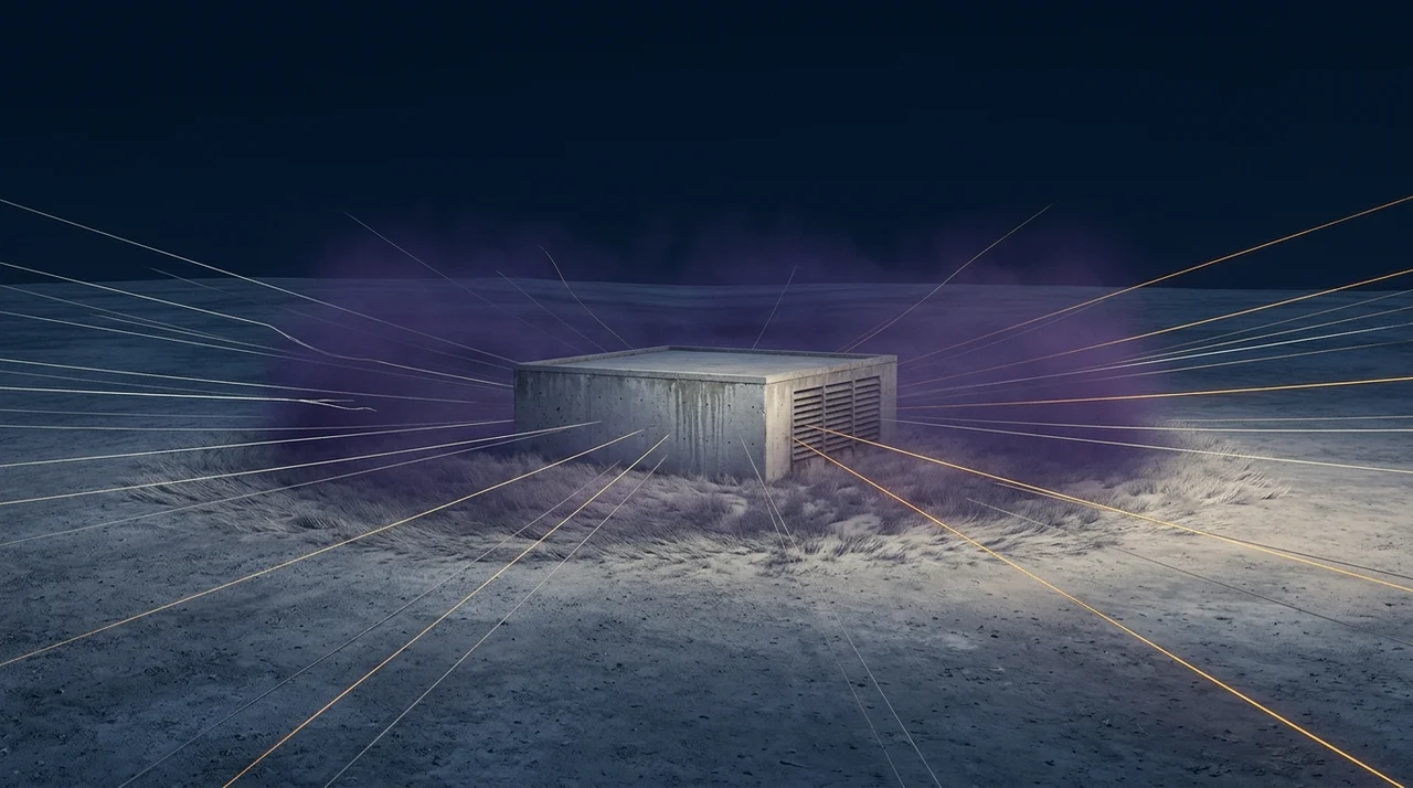Many thin lines of attention converging from every direction onto a low windowless building, the air immediately around it thickening into a visible field