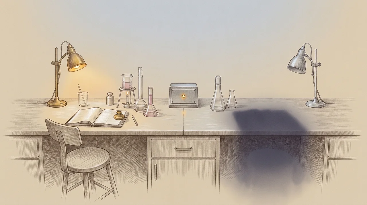 A laboratory bench under warm light with two work stations set up side by side, one of them occupied and the other holding only an unlit shadow where a second person would stand