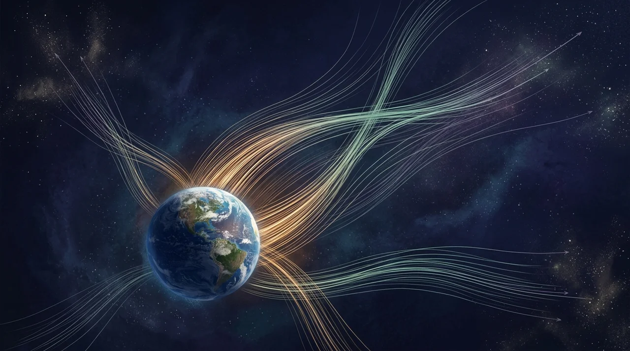 Earth seen from far out, with lines of pale light leaving its surface and running outward to distant star fields, none of the lines arriving inbound