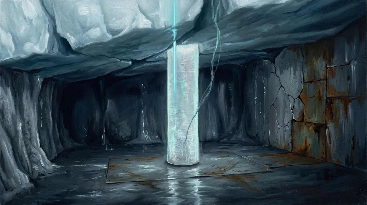 A cold white room beneath ice with a standing column of holographic light at its center, one channel of light descending into the column and another rising out of it