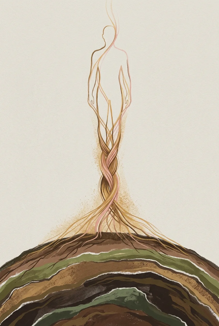 A tall vertical panel in which a planet's curve at the bottom sends fine threads of light upward, and the threads weave into the outline of a standing body near the top