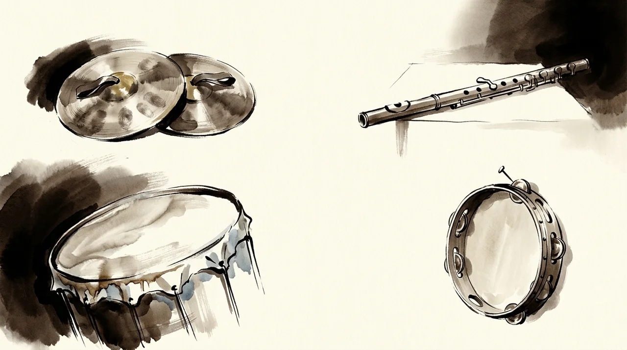 Four instruments, cymbals, a drum, a flute and a tambourine, each lit alone in a separate dark space, with no player visible and no line drawn between them