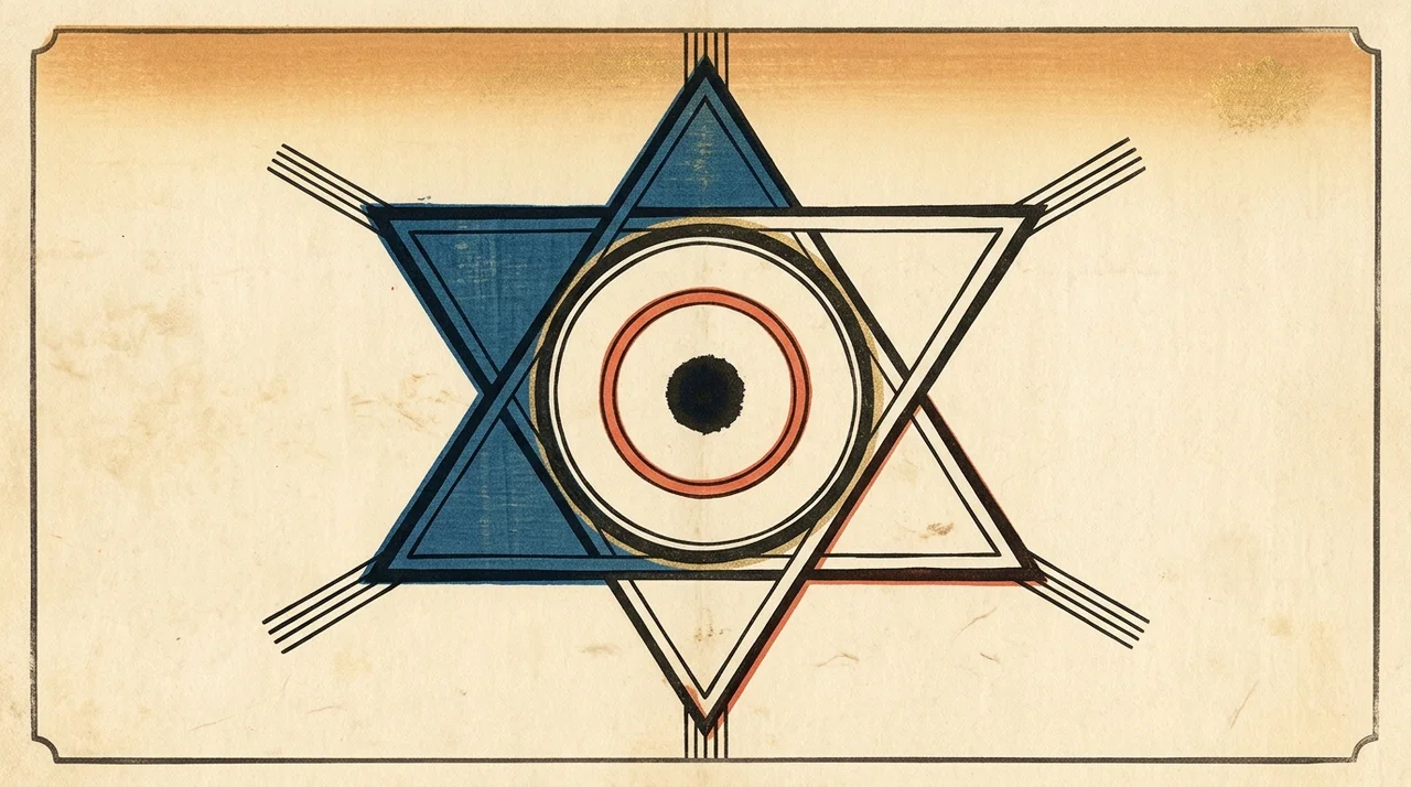 Two overlapping triangles forming a six-pointed figure, with a large circle at the center holding a smaller circle and a solid black dot inside it